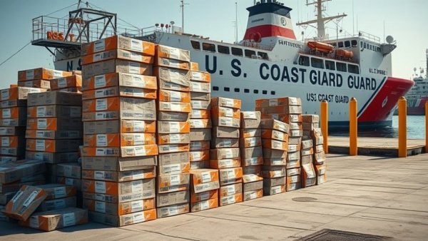Coast Guard Seizes Cocaine: Packages beside ship at port.