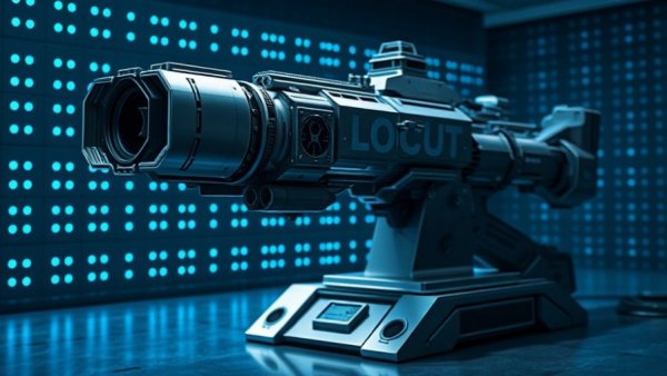 LOCUST laser weapon system with futuristic design and blue glow.