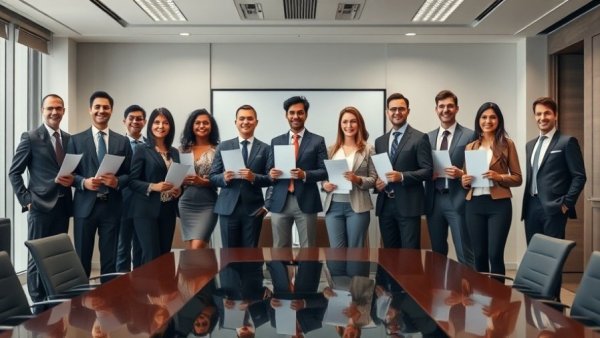 Diverse professionals with documents in boardroom after Korean Company wins U.S. Navy project.