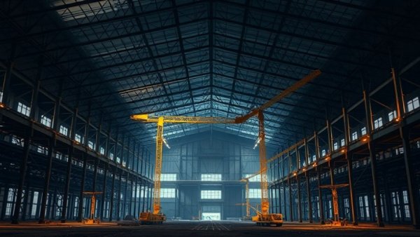 Large warehouse under construction with cranes at night