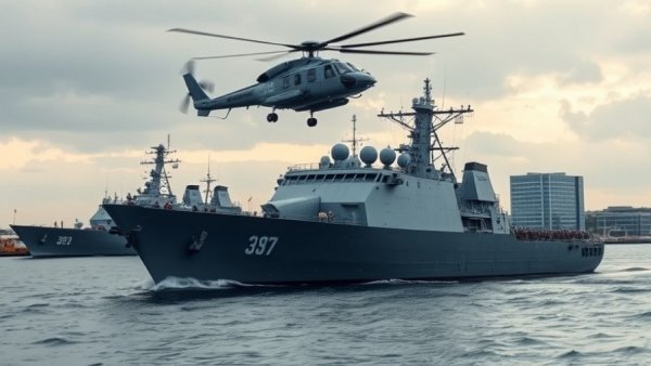 Mogami-class frigate purchase scene with helicopter hovering above.