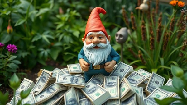 Quirky garden gnome with dollar bills, AI profitability gap concept.