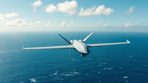 U.S. Navy MQ-25A Stingray drone flying over ocean in daylight.