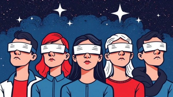 Abstract image of blindfolded figures with virus symbols, AI's future theme.