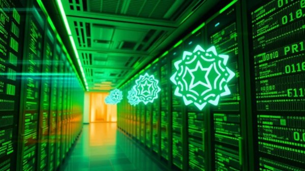 Futuristic server room with digital matrix and OpenAI logos representing Amazon OpenAI products on AWS.