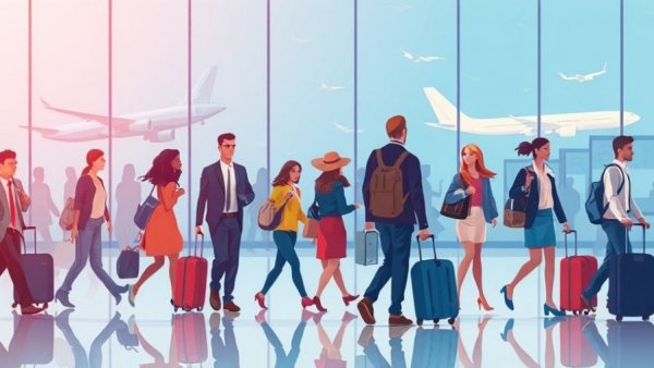 Stylized airport travelers artwork representing flow and movement.