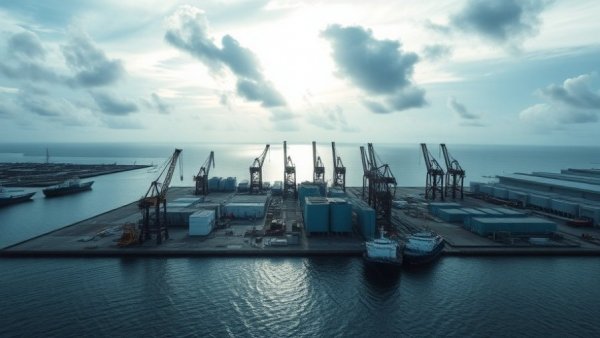Expansive view of Gulf Coast shipyard under a cloudy sky.