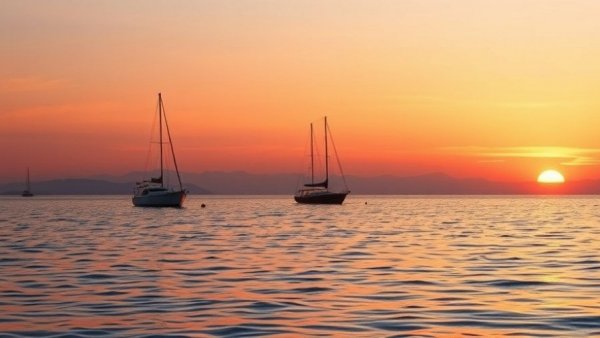 Serene seascape at sunset with boats, US Navy AI mine detection theme