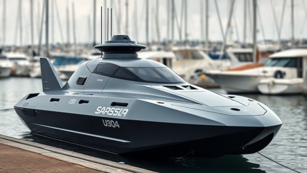 Advanced Tsunami USV docked in marina with camouflaged design.