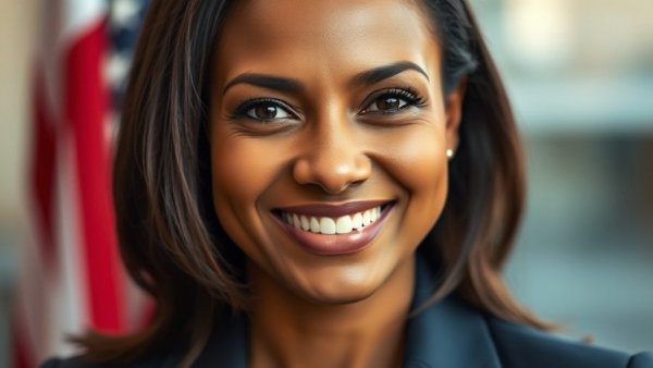 Professional woman with U.S. flag backdrop, photorealistic portrait.