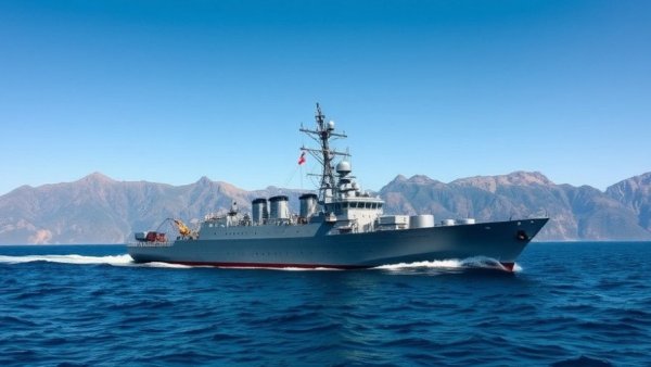 Majestic navy vessel with coastal mountain backdrop and calm waves.