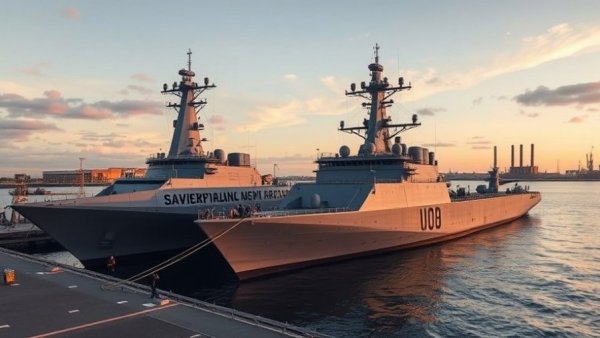 Modern naval ships docked with personnel during sunset, Netherlands AEGIS System.