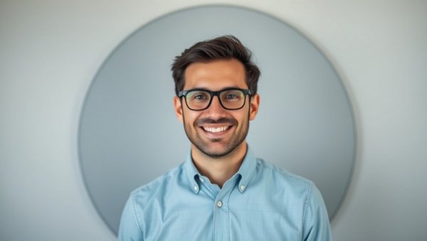Smiling man in blue shirt with abstract circular background, vessel design operational efficiency.