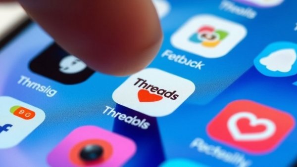 Close-up of Threads app icon being tapped on smartphone screen.