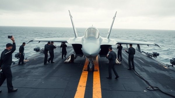 US forces on navy flight deck with jet, intense coordination.
