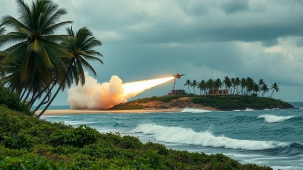 U.S. Army Island missile launch creating smoke trail over ocean