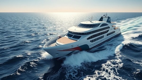 Baleària fast ferry cruising on open sea, vibrant aerial view.