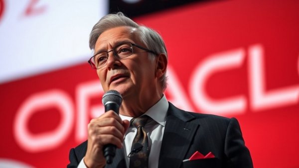 Businessman speaking on stage with Oracle logo, addressing layoffs.