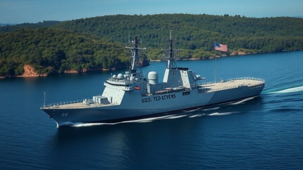 USS Ted Stevens shipbuilding naval vessel sailing with flag.