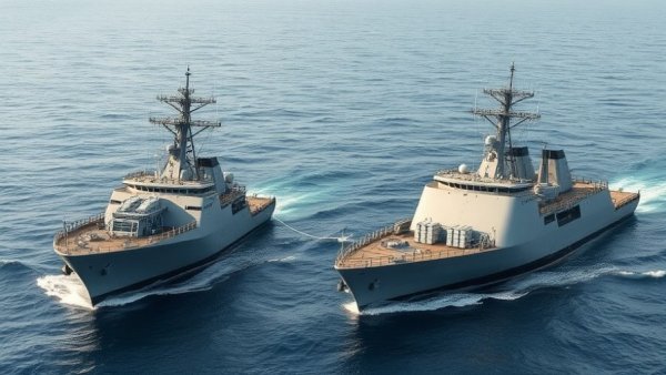US Navy ship operations overseas with two linked vessels at sea.
