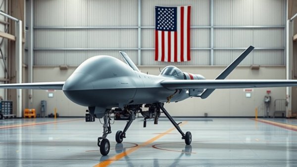MQ-9A Reaper with APKWS system in hangar, American flag backdrop.