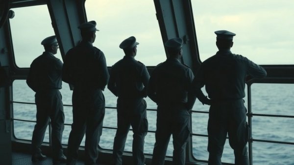 Silhouetted sailors on South Korea Hormuz mission, naval ship bridge.