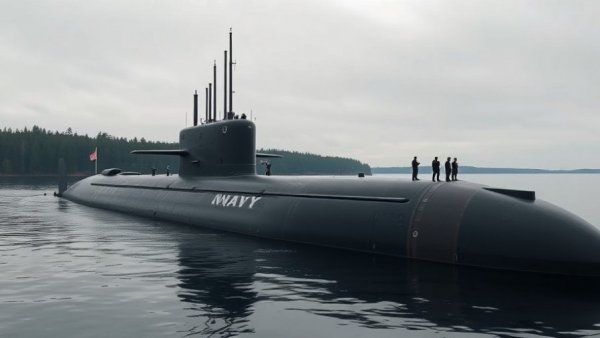 Modern U.S. Navy submarine with crew; part of U.S. Navy submarine shipbuilding plan.