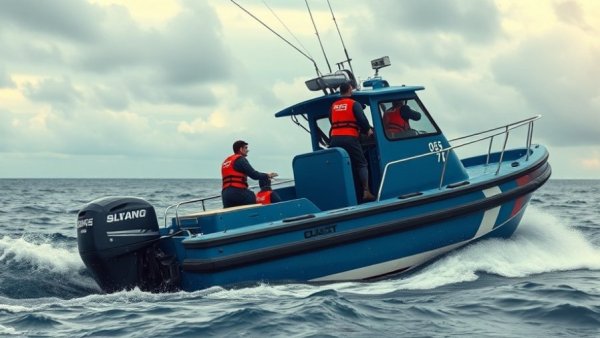 Coast Guard personnel on a blue boat during patrol mission.