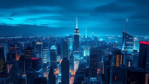 Futuristic city with digital overlay related to ultra-processed foods and insurance.