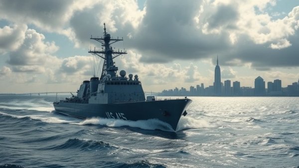 USS Cleveland Freedom-class LCS at sea, city skyline behind.