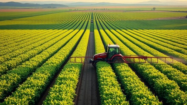 Tractor spraying crops in a vast green agricultural field.