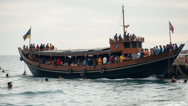 Large boat docked near shore as people board and disembark.