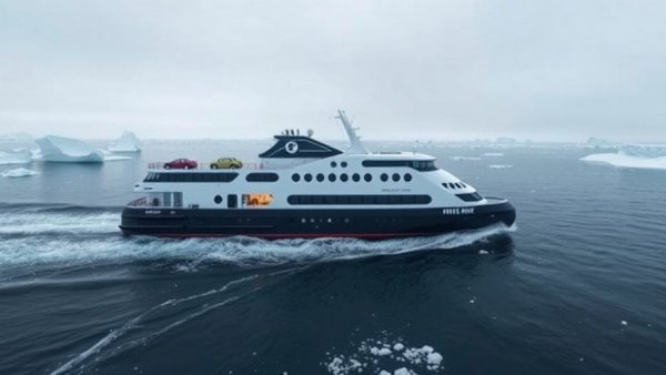 Modern fully-electric ferry navigating icy waters with cars onboard.
