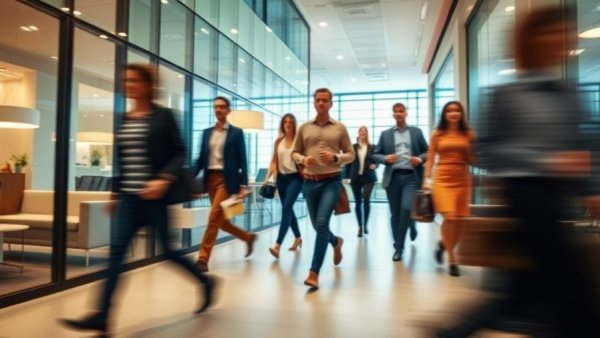 Dynamic office scene captures people in motion, Fine Art & Specie Insurance setting.