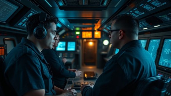 Submarine crew analyzing control panels during South Korea trans-Pacific deployment.