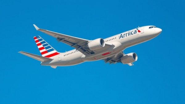 American Airlines airplane soaring upward, clear blue sky.