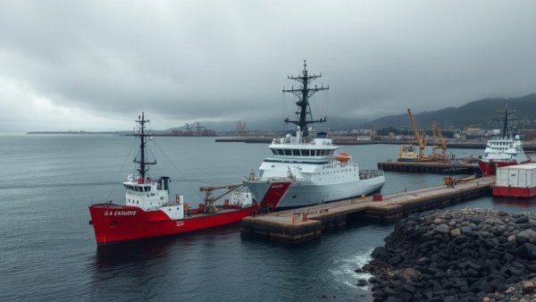 U.S. Coast Guard Cutter Waesche docked at a rocky port.
