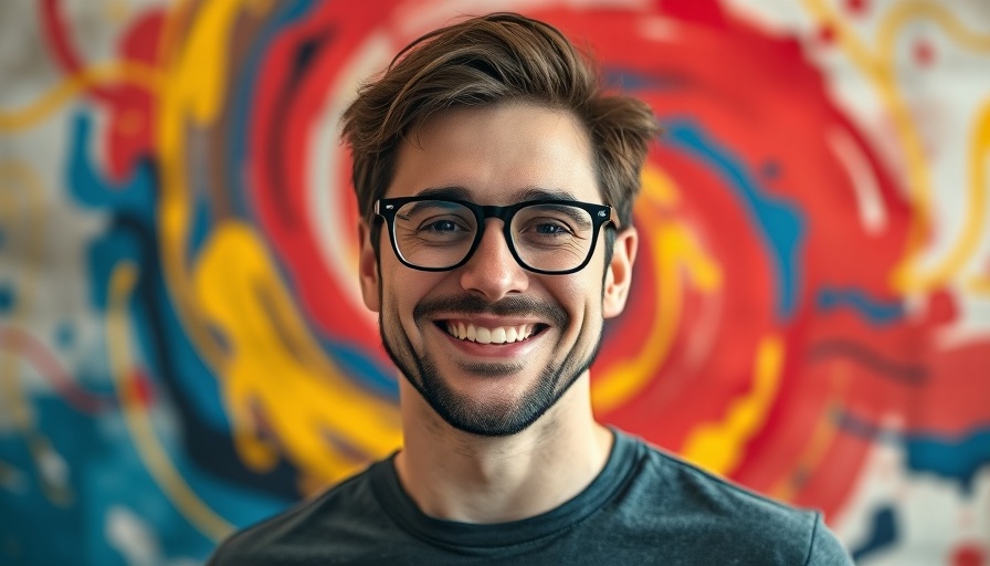 Person smiling in front of colorful abstract art for AI collaboration.