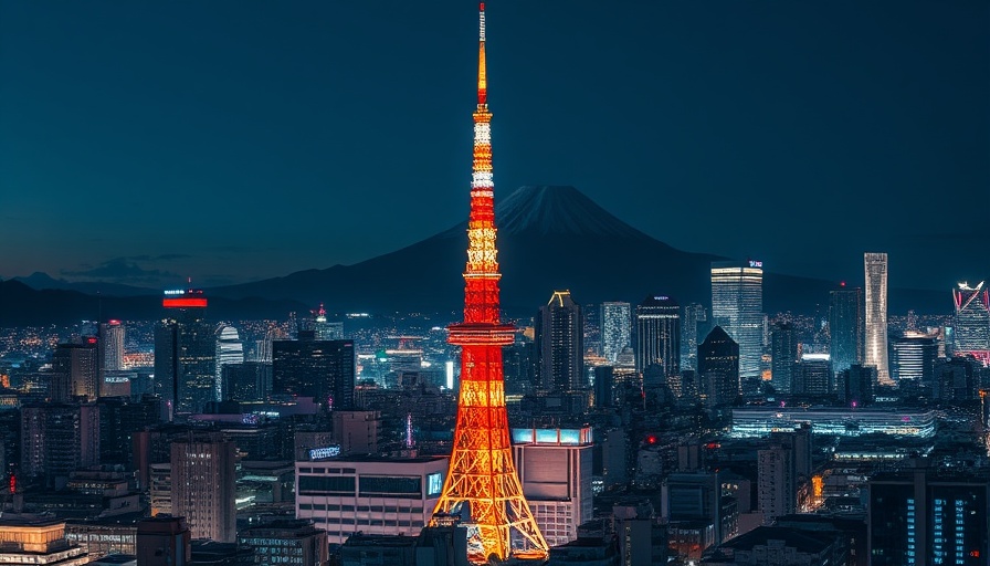 Vibrant Tokyo cityscape at night with Tokyo Tower and Mount Fuji.