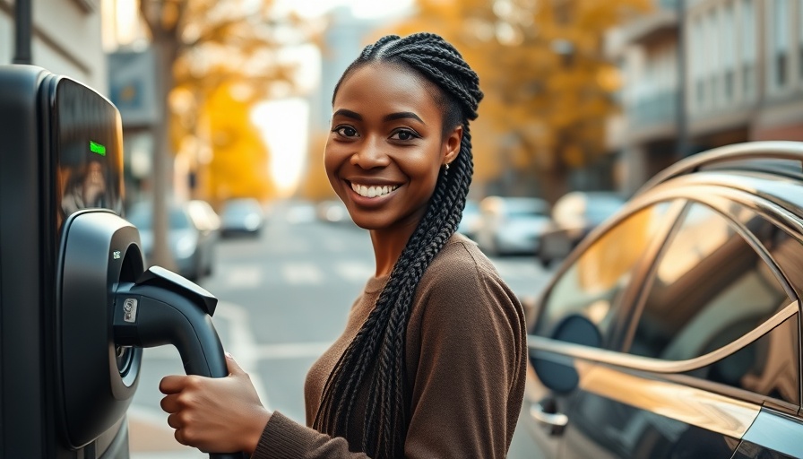 Woman charging electric car showcasing battery technology in urban setting.