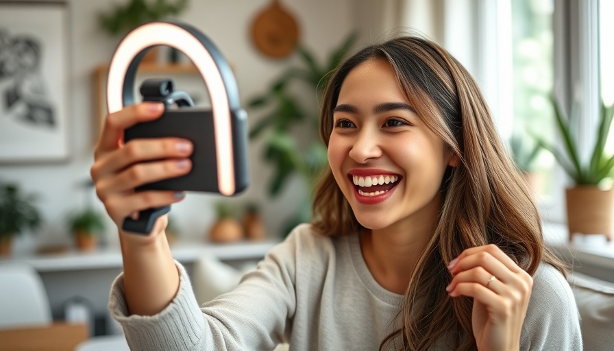 Influencer career: Smiling woman records content with ring light.