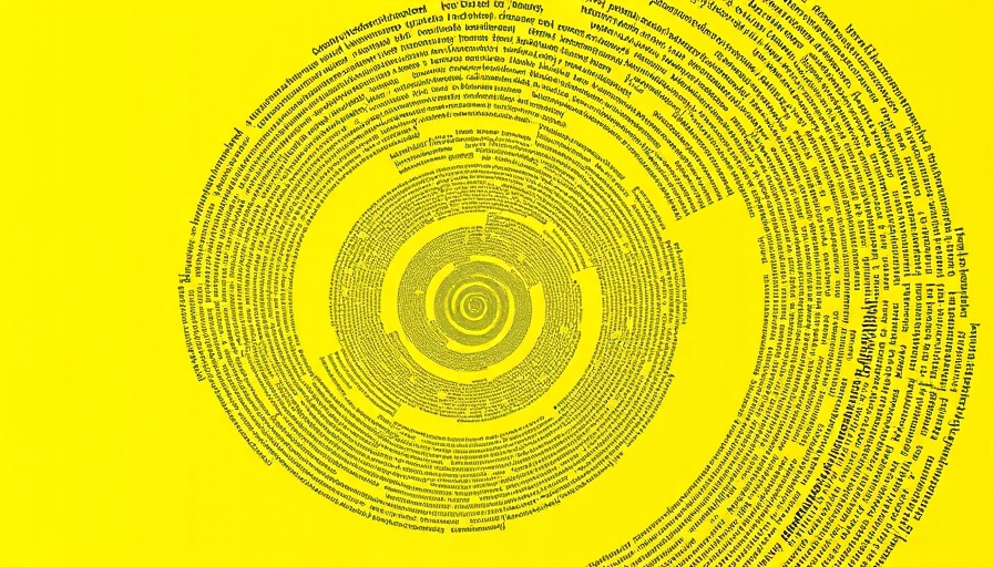 AI technology conceptual image with a text spiral on yellow background.