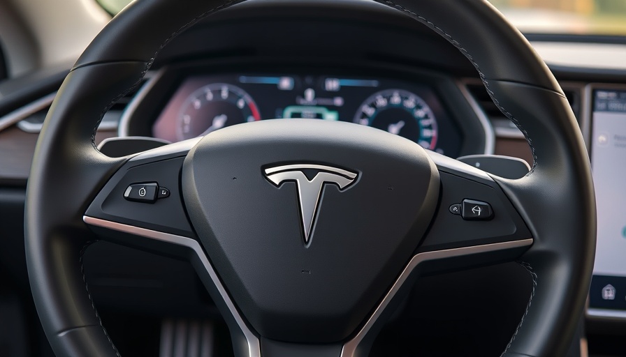 Tesla steering wheel and dashboard display with vehicle metrics.