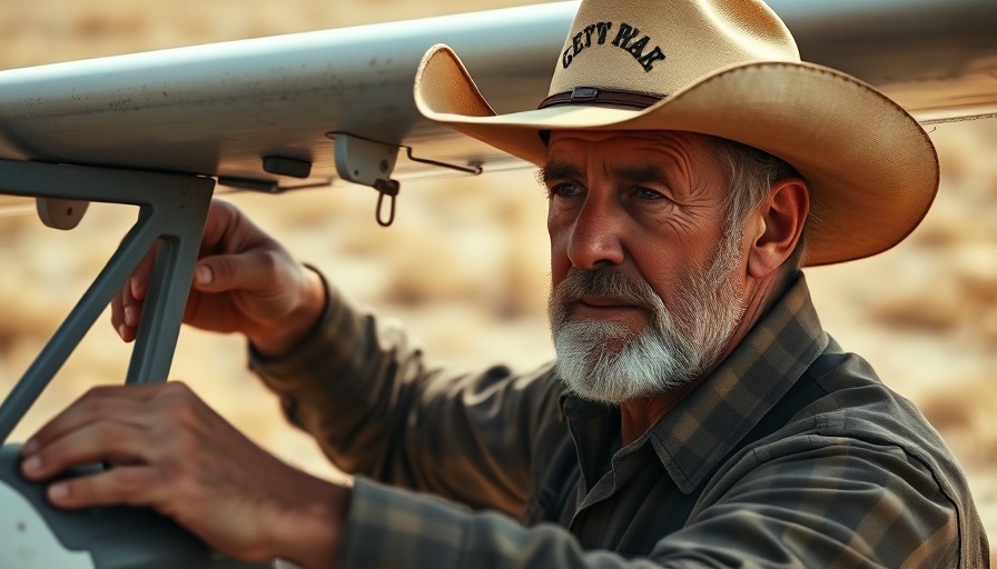 Middle-aged man adjusting aircraft, cowboy hat, outdoor setting. Defense tech recruitment.