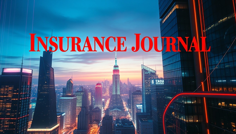 Futuristic cityscape with Insurance Journal logo and vibrant lights.