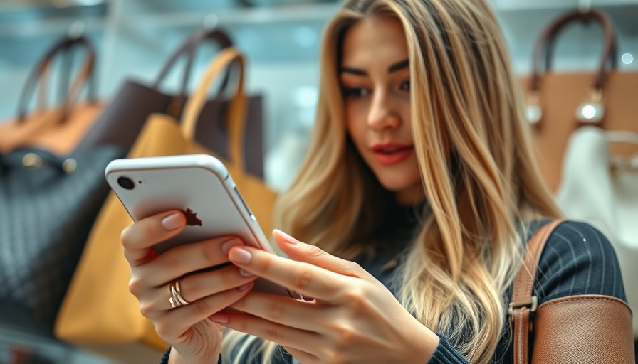 Woman livestream shopping on smartphone with handbags nearby.