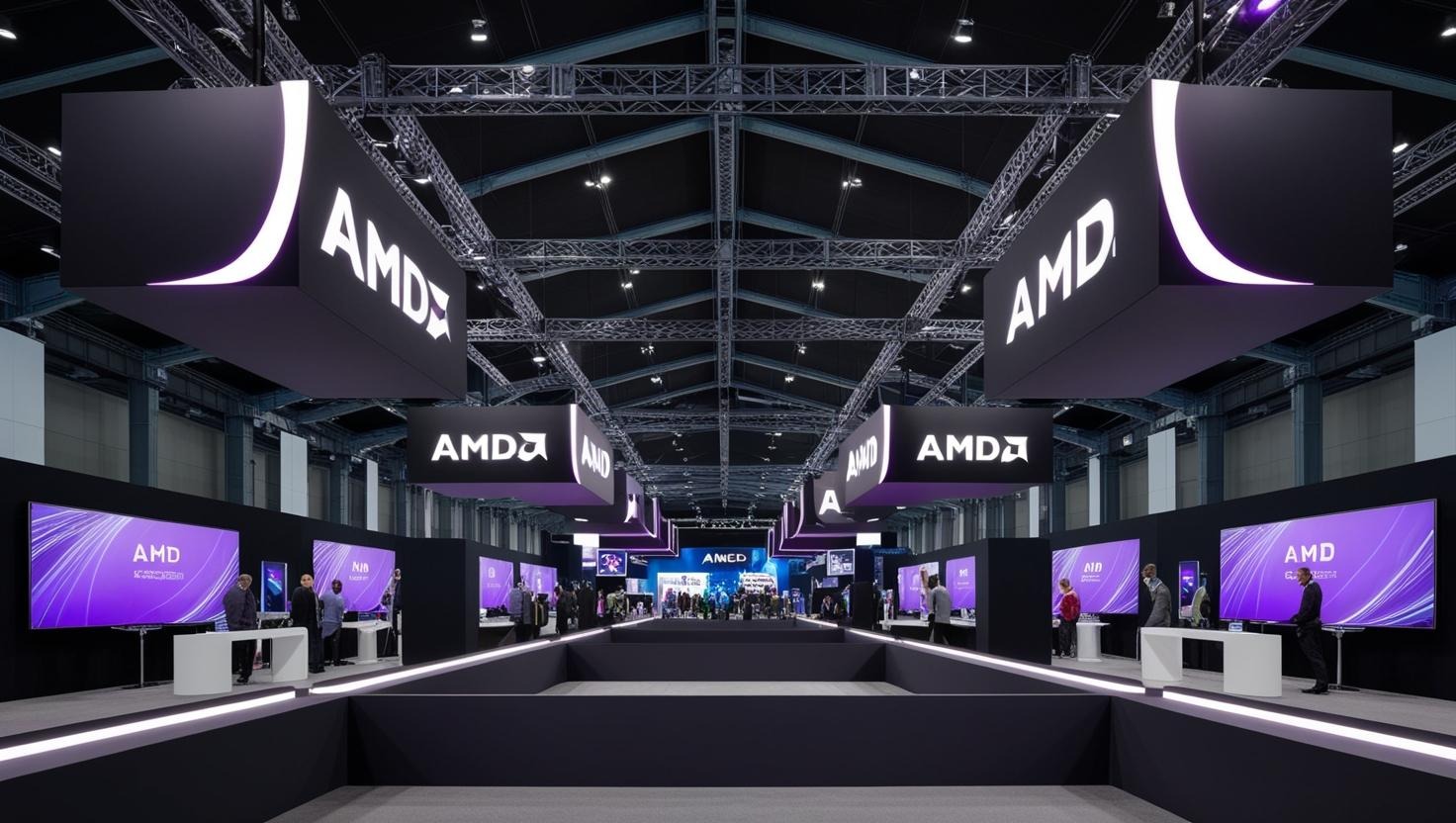 Illuminated AMD logo at tech exhibition showcasing AMD chips