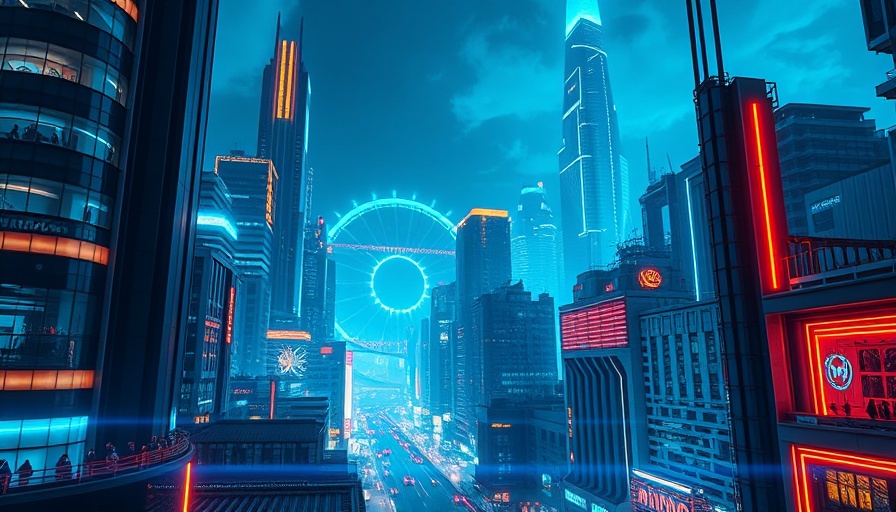 Futuristic cityscape with digital overlay, representing agency management system.