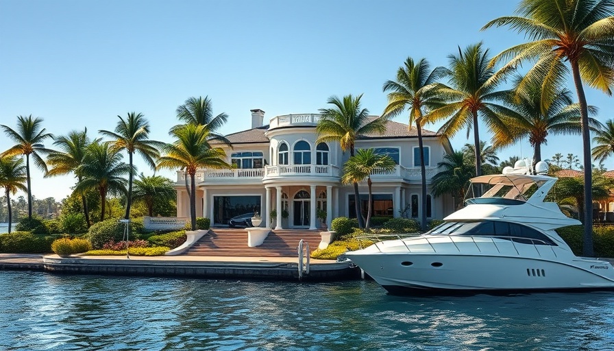 Luxury waterfront mansion with yacht under sunny skies