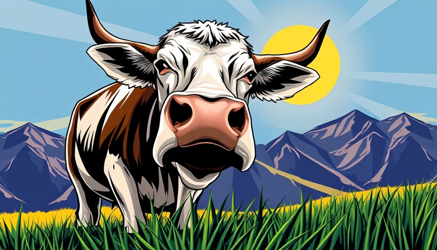 Stylized cow eating grass in a pop-art abstract setting symbolizing climate technology.